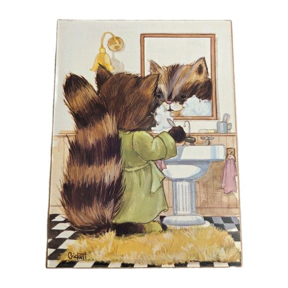 4 VINTAGE 60's Cartoon RACOON Pictures BATHROOM Artwork CRICKETT Wall Plaque SET - Picture 3 of 7